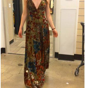 Gold chrome and velvet floral floor length gown - Aidan, Size US 0